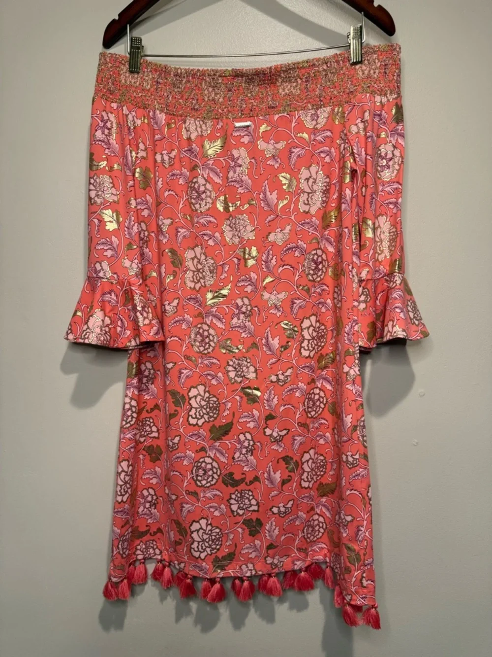 Cabana Life Dress Womens medium Off the Shoulder Tassels UPF Protection Floral